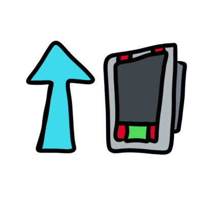 a blue upwards arrow next to a device with a screen and buttons.